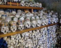 The charnel is filled with a collection of 1200 skulls half with artistic work and half as part of the ossuary.